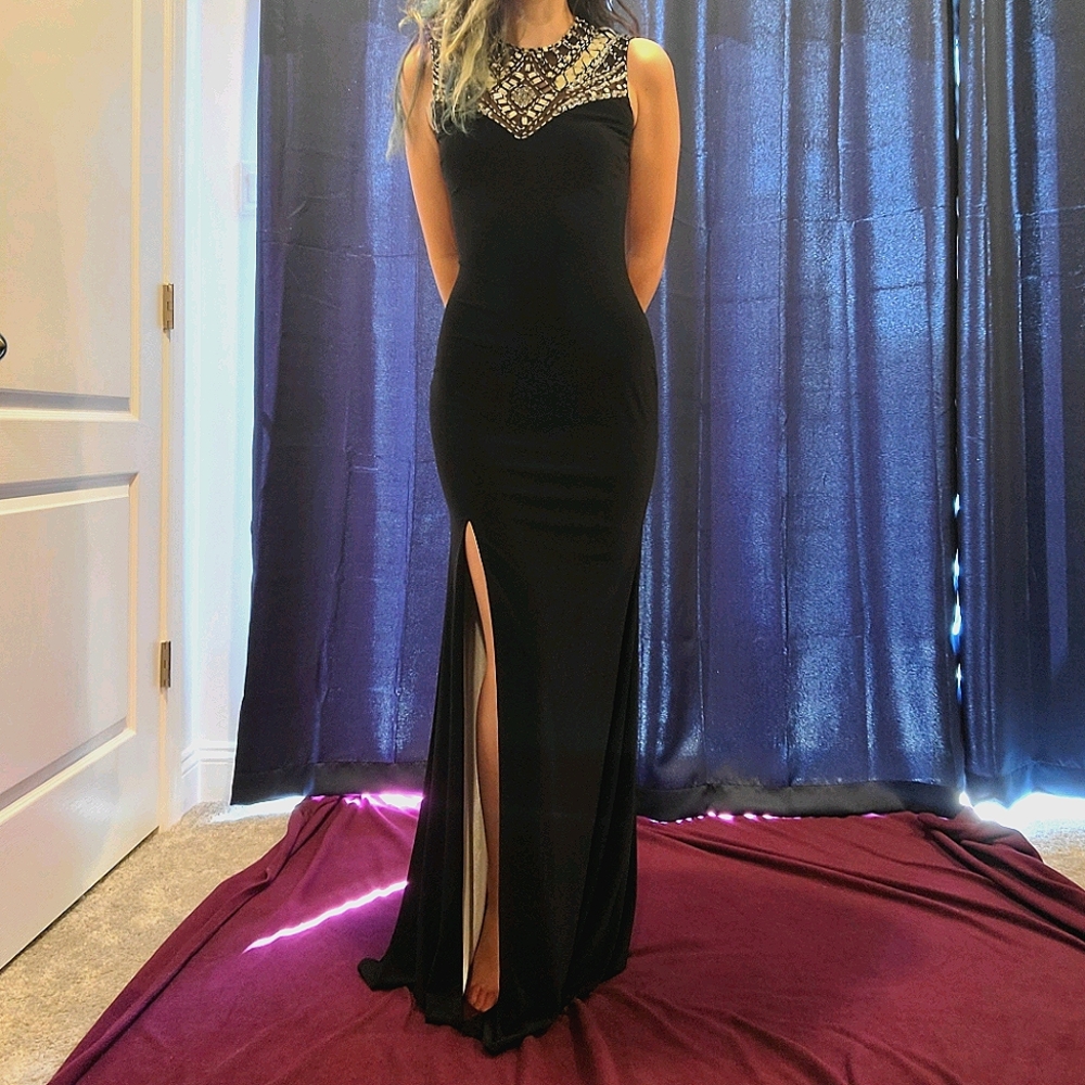 Black gown with geometric stone and mesh neck